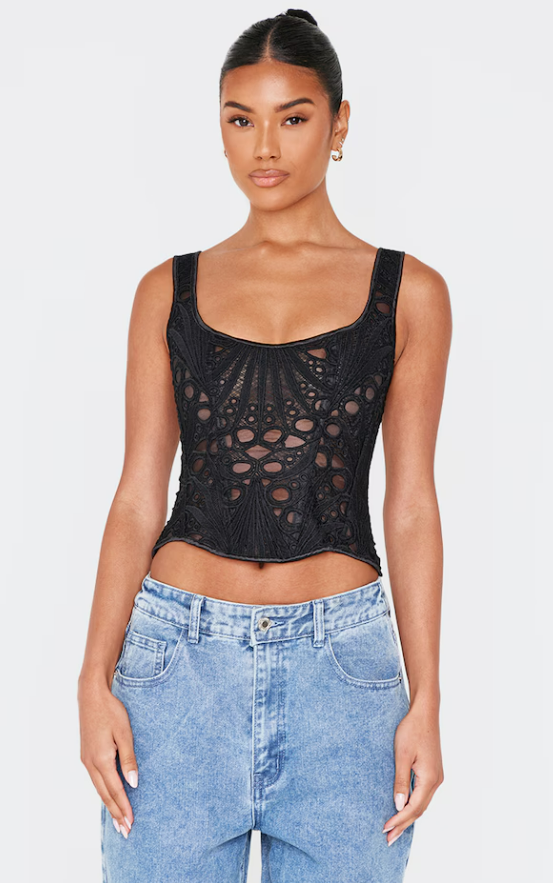 Samki Black Textured Sheer Floral Square Neck Corset