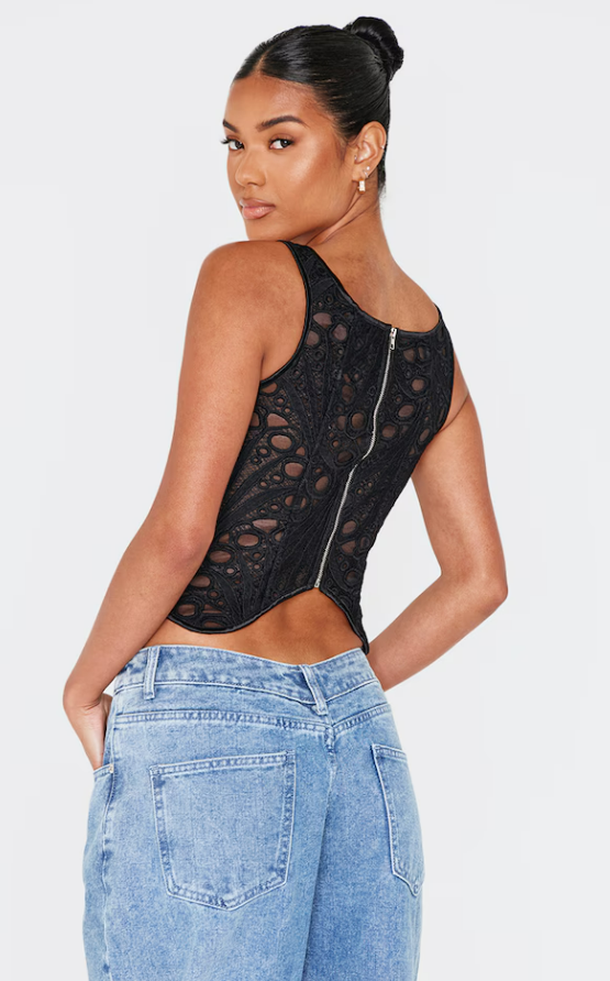 Samki Black Textured Sheer Floral Square Neck Corset