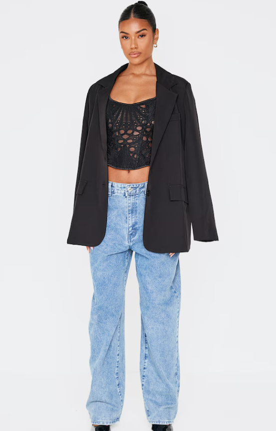 Samki Black Textured Sheer Floral Square Neck Corset