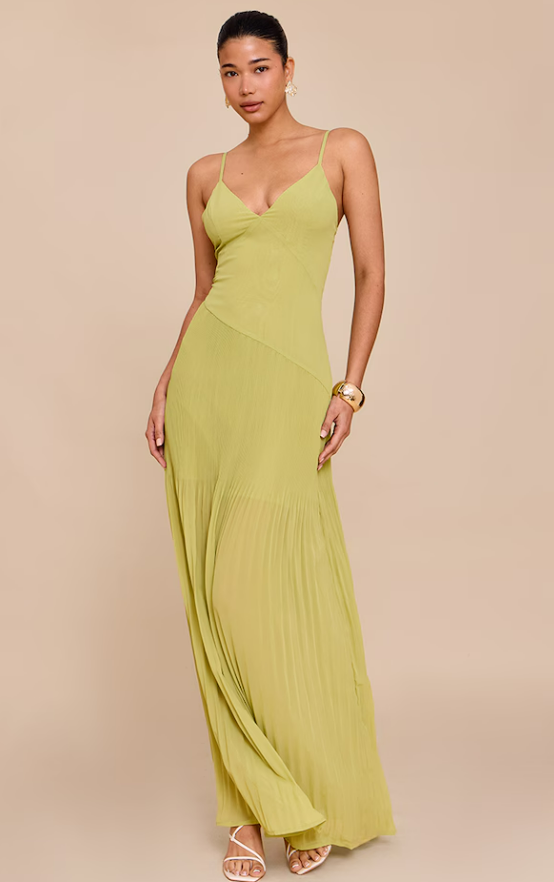 Samki Lime Woven Pleated Hem Detail Spaghetti Maxi Dress