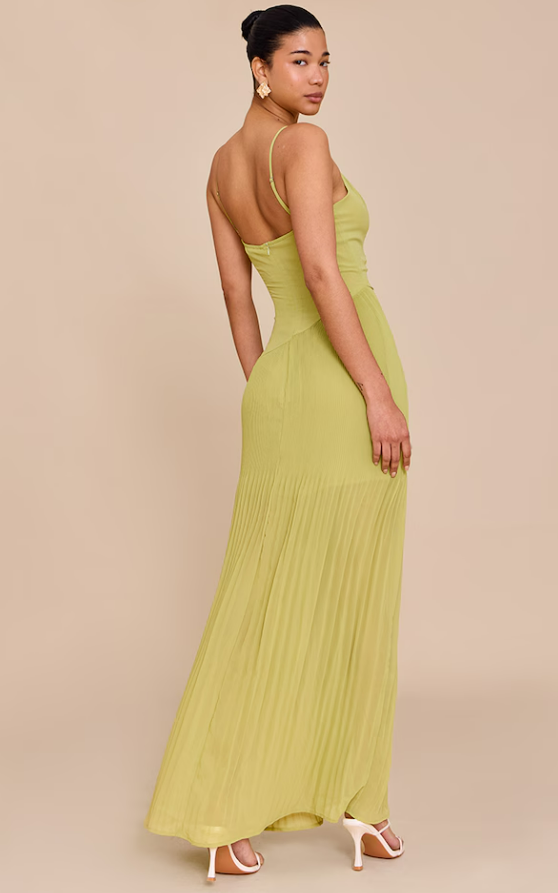 Samki Lime Woven Pleated Hem Detail Spaghetti Maxi Dress