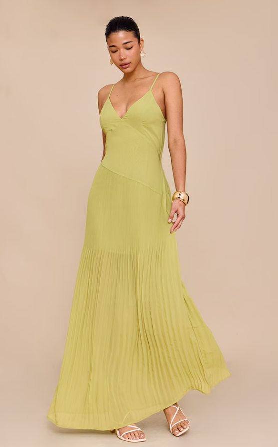 Samki Lime Woven Pleated Hem Detail Spaghetti Maxi Dress